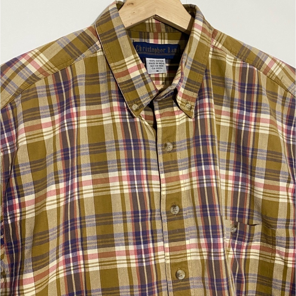 Christopher Rand men’s yellow orange plaid button down polo dress shirt Medium